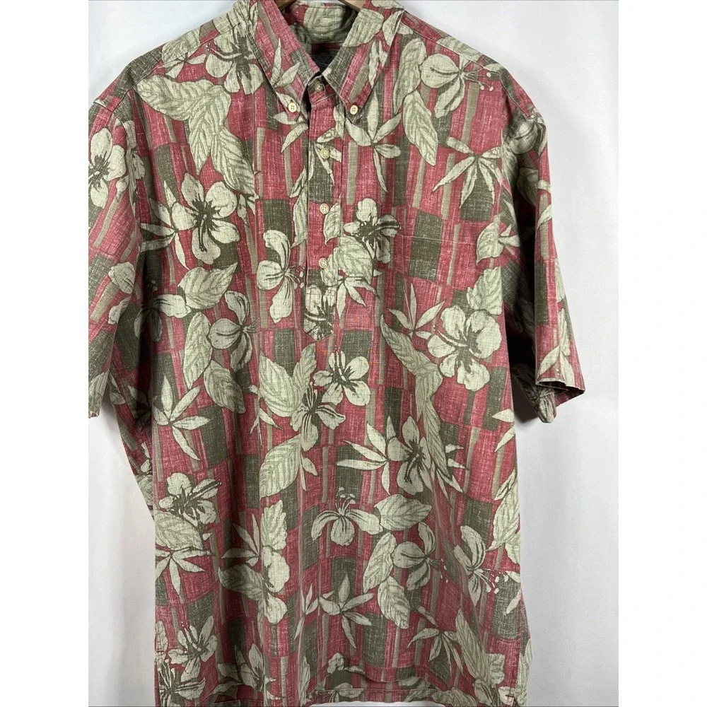 Reyn Spooner Men's Hawaiian Brick Red Floral 1/4 Button Up Shirt Resort Size 2XL